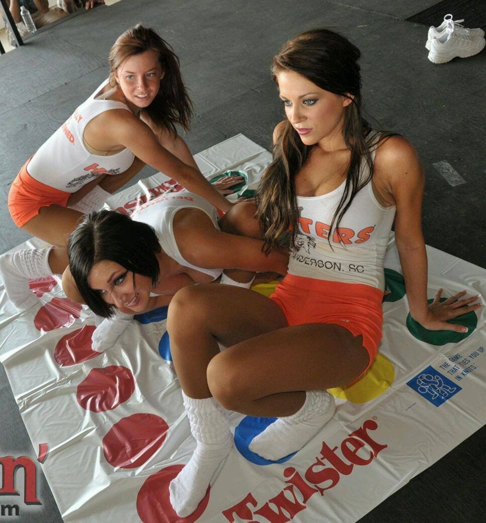 Three Hooters Waitresses wearing Tan Sheer Pantyhose and White Socks